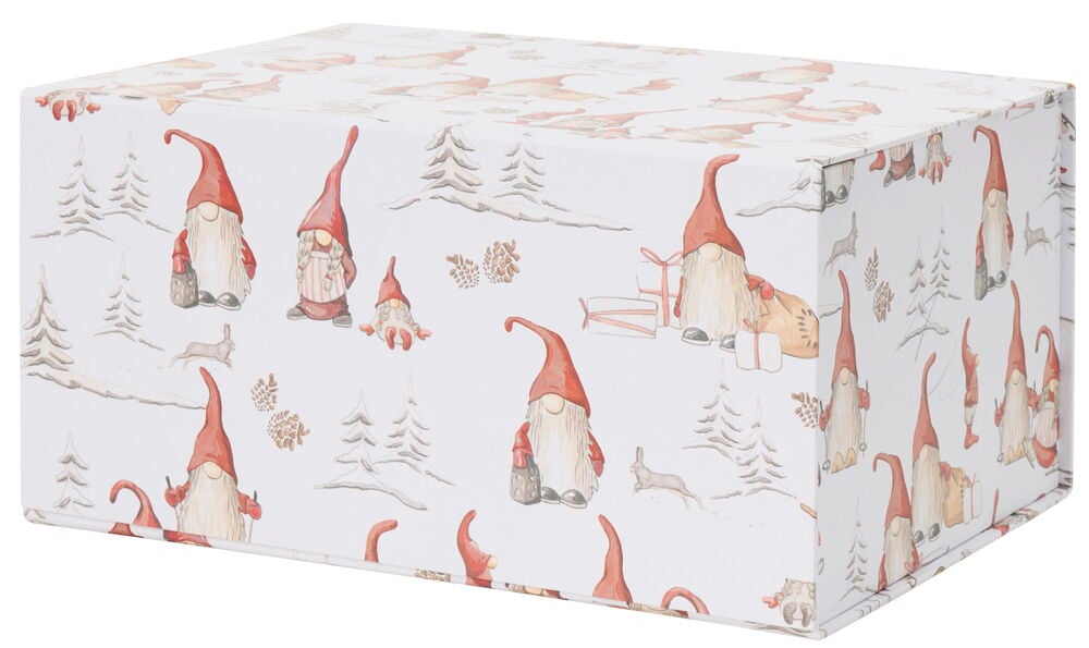 Vit presentförpackning med julmotiv av tomtar och träd.