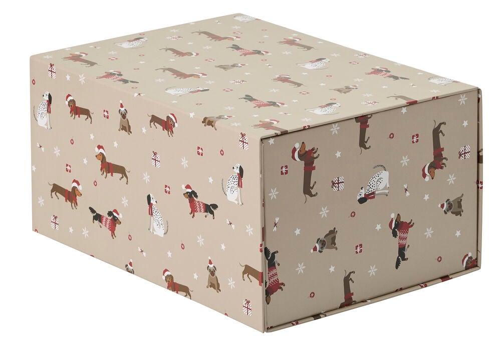 Geschenkverpackung 31x22x15 cm Weihnachten, eine rechteckige beige Geschenkverpackung mit rot-weißem Weihnachtshundmuster.