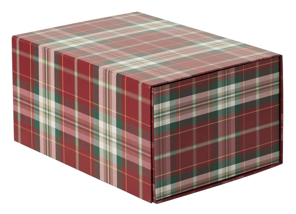 Geschenkverpackung 31x22x15 cm Weihnachten, mit rot-grün-weißem Karomuster.