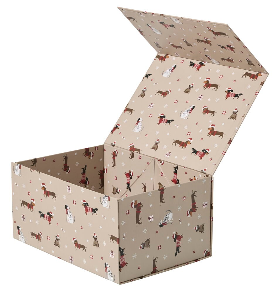 Offene beige Geschenkverpackung 31x22x15 cm Weihnachten mit Dackel- und Weihnachtsmuster auf dem Deckel und den Seiten.