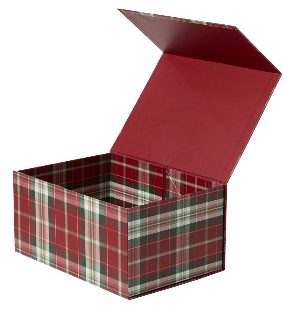 Geschenkverpackung 31x22x15 cm Weihnachten, offen, mit einem rot-grün karierten Muster.