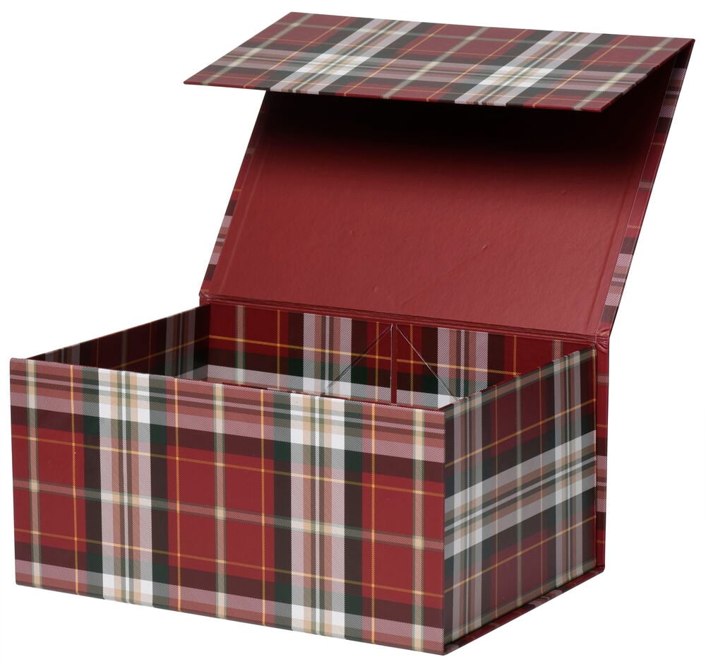 Rutig presentförpackning med öppet lock i rött.