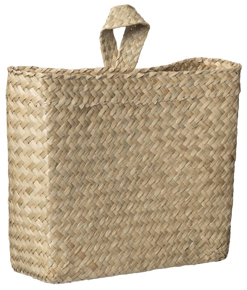 Rektangulär sjögräskorg med ögla för upphängning.