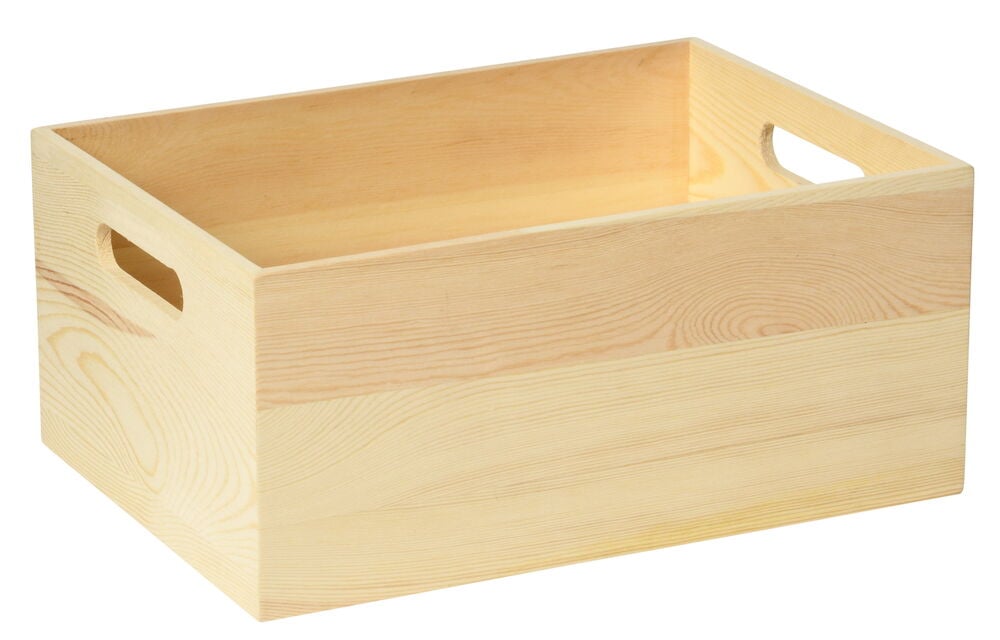 Rektangulær treoppbevaringsboks med utskårne håndtak.
