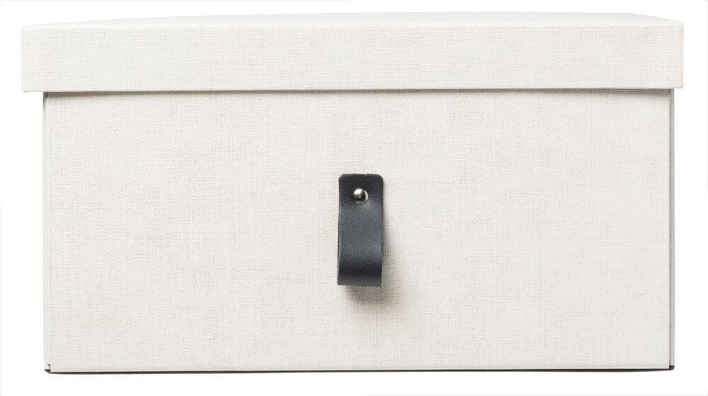 Beige förvaringslåda med lock och brun dekorativt handtag.