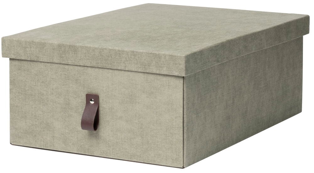 Vihreä säilytyslaatikko kannella ja ruskealla kahvalla.