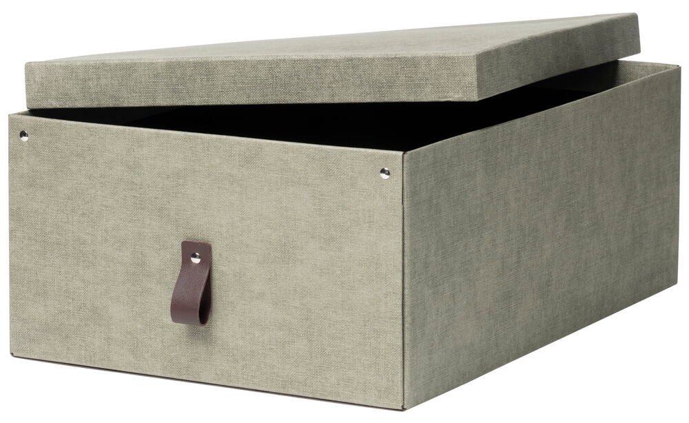 Grüne Aufbewahrungsbox mit Deckel und braunem Griff.