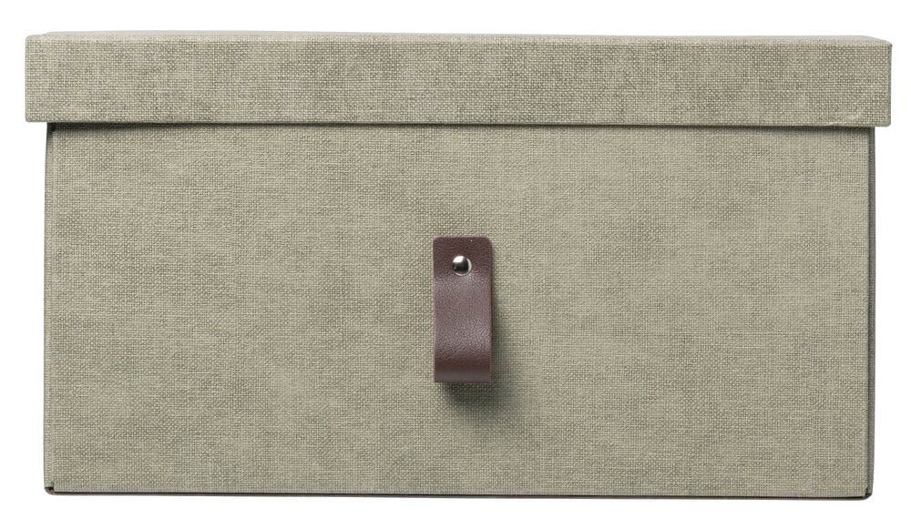 Grüne Aufbewahrungsbox mit Deckel und braunem Griff.