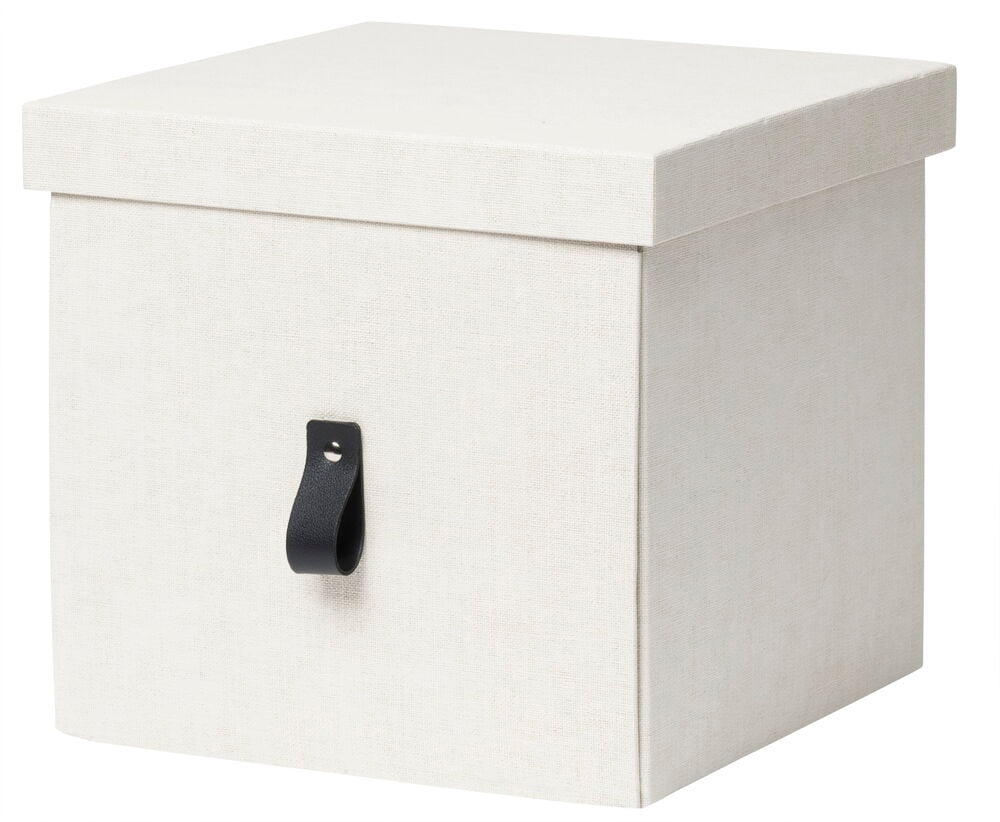 Beige säilytyslaatikko kannella ja ruskea kahva.