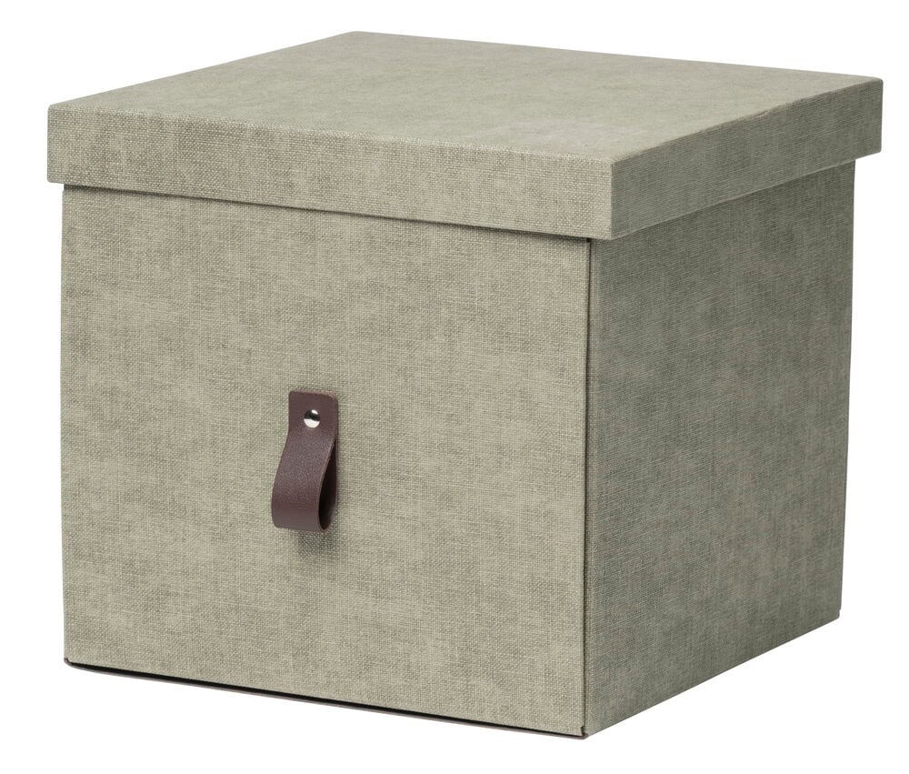 Vihreä säilytyslaatikko, jossa on kansi ja ruskea kahva.