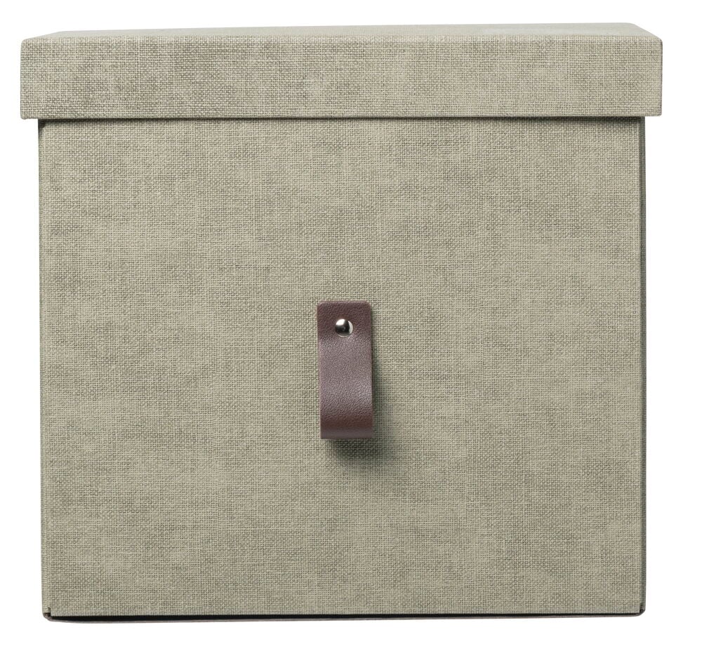 Vihreä säilytyslaatikko, jossa on kansi ja ruskea kahva.