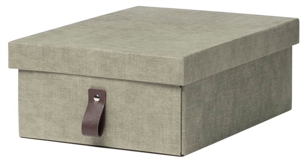 Vihreä säilytyslaatikko kannella ja ruskealla kahvalla.