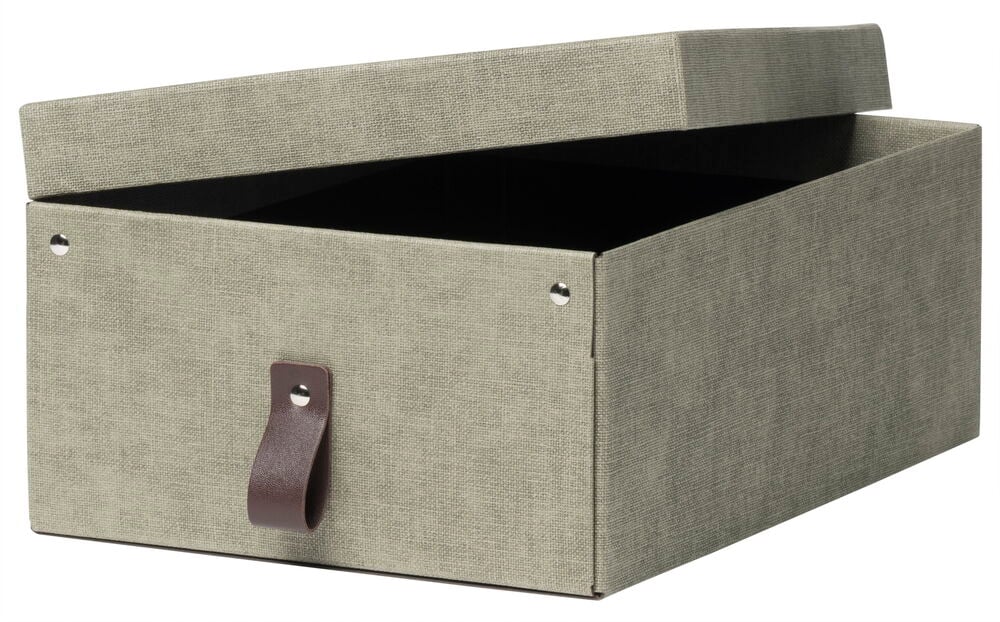 Grüne Aufbewahrungsbox mit Deckel und braunem Griff.