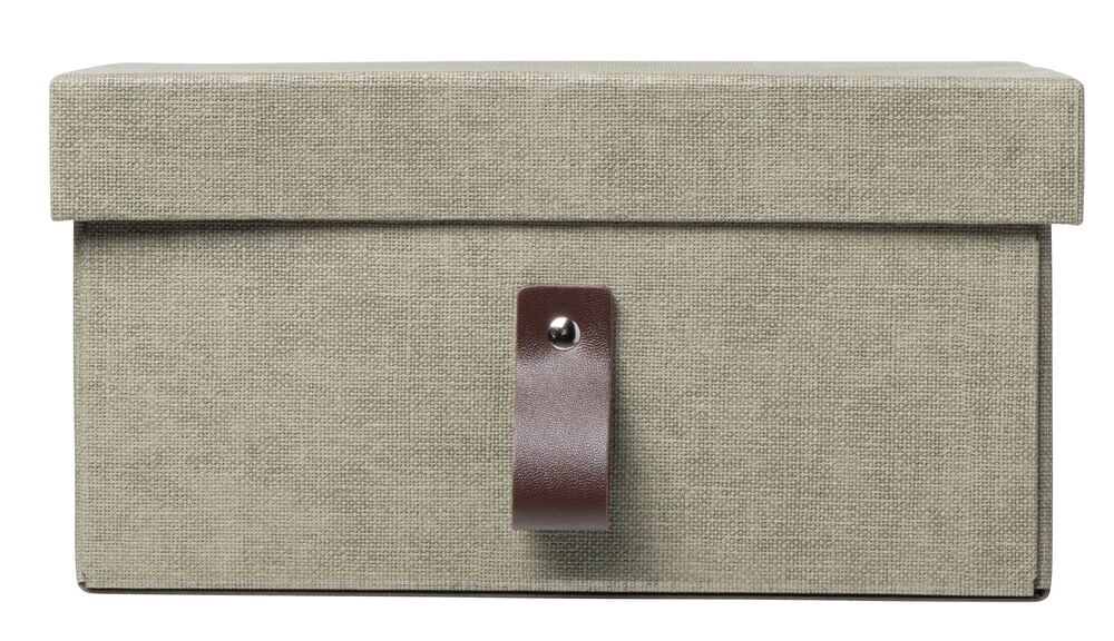 Grüne Aufbewahrungsbox mit braunem Griff vorne.