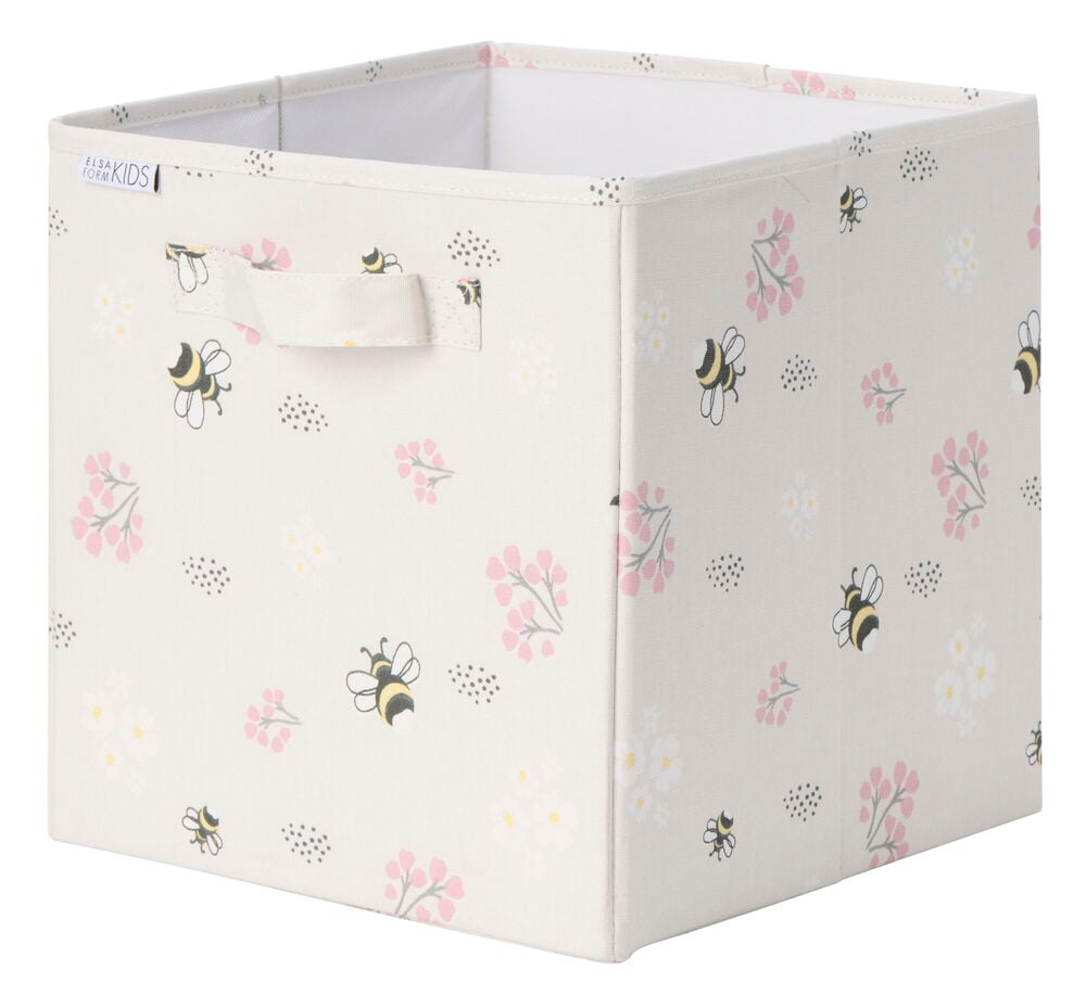 Ljus tygförvaringslåda med bin och blommor.