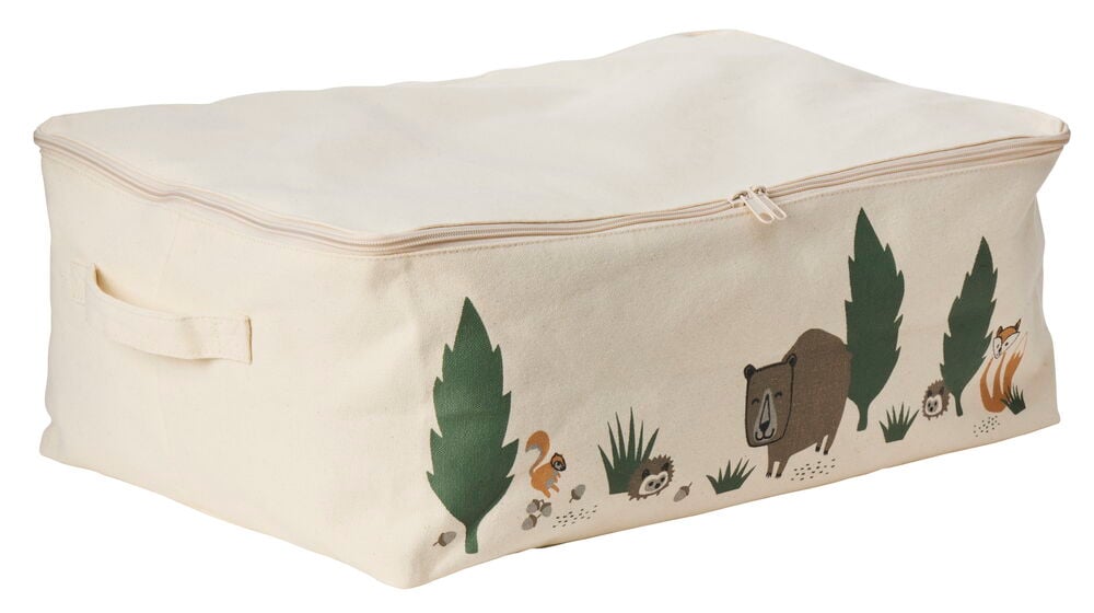 Tygförvaring med djurmotiv och dragkedja.