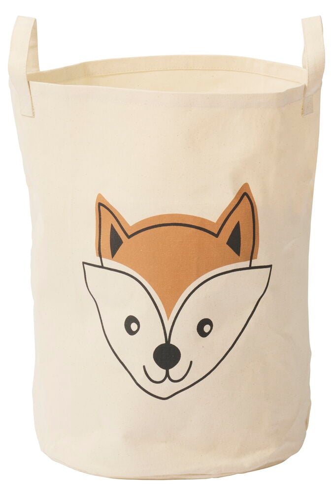 Beige tygkorg med tryckt rävansikte och handtag.
