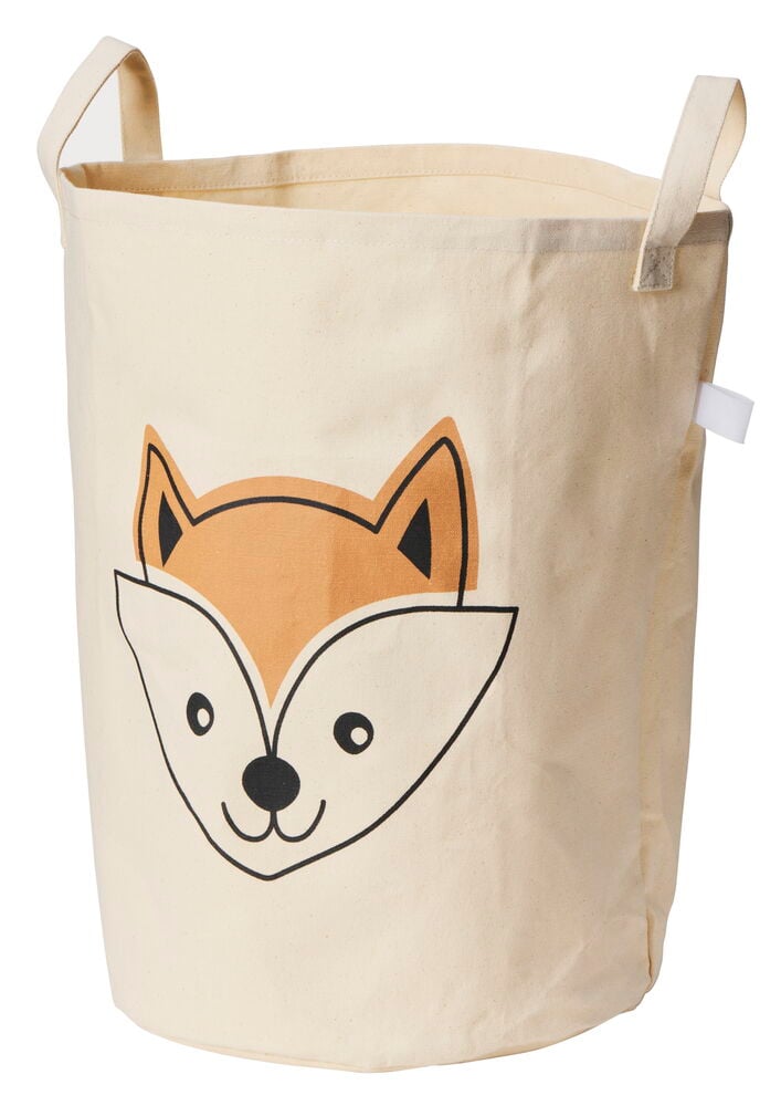 Beige tygkorg med ritat rävansikte och handtag.