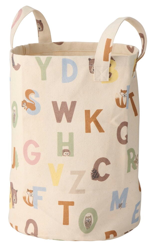 Förvaringskorg Elsaform Kids Alphabet, en gräddvit tygkorg med färgglada alfabetbokstäver och skogsdjursillustrationer.