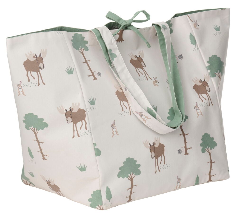 Moose-kangaskassi metsäeläinkuvioinnilla, vihreällä reunuksella ja nauhasuljennalla.