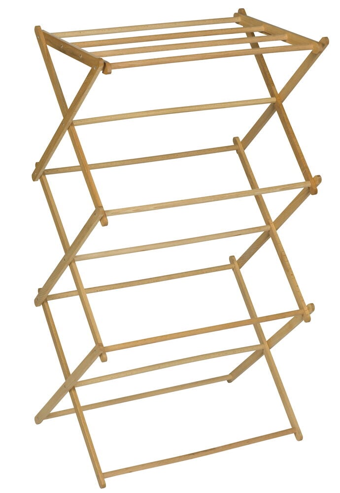 Hopfällbar torkställning i trä med fem nivåer.