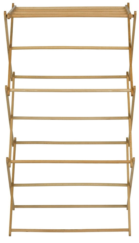 Taitettava kuivausteline luonnonpuuta, jossa on hyllyt.