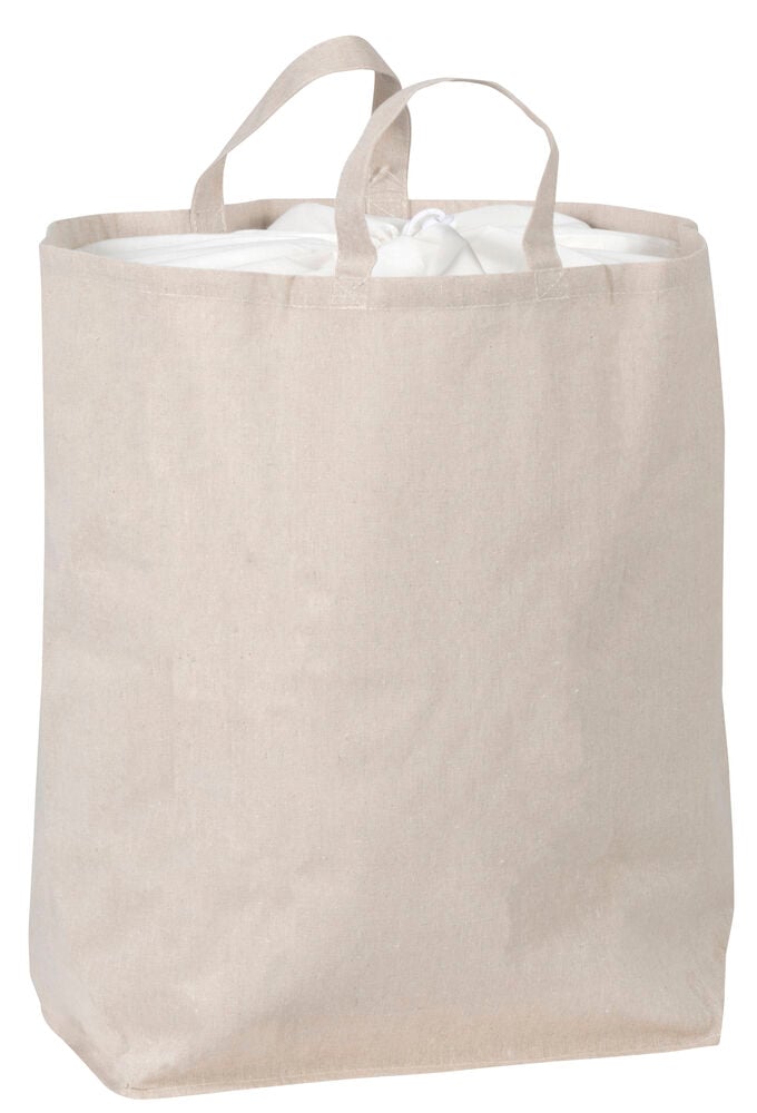 Hiekanvärinen pyykkisäkki, jossa on kädensijat ja kiristysnauha.