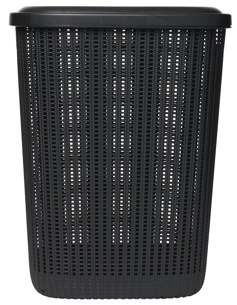 Stor svart tvättkorg med lock och ventilationshål.