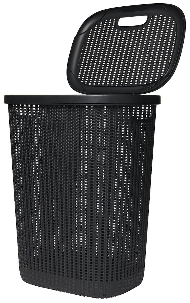 Svart tvättkorg med lock och ventilationshål.