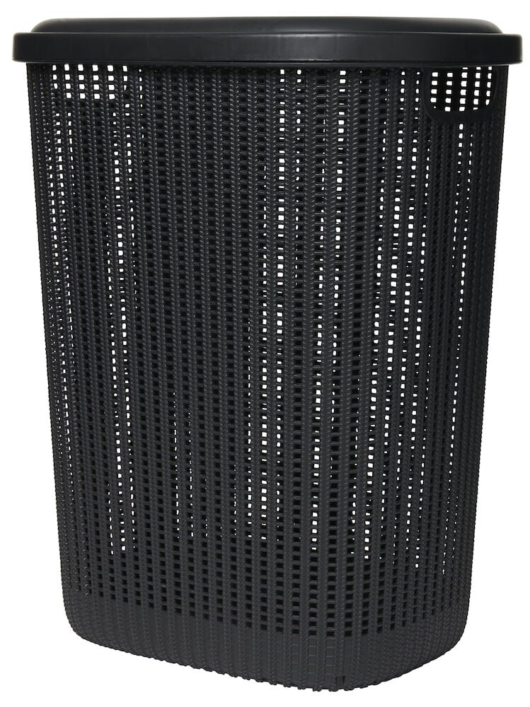 Musta pyykkikori, jossa kansi ja ilmanvaihtoaukot.