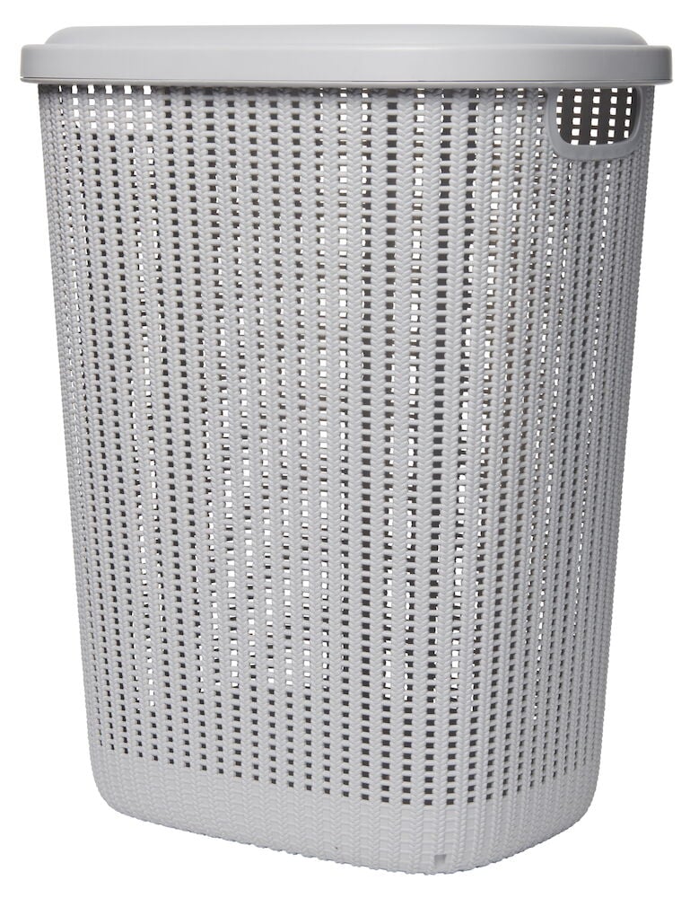 Harmaa pyykkikori kannella ja tuuletusaukkoja.