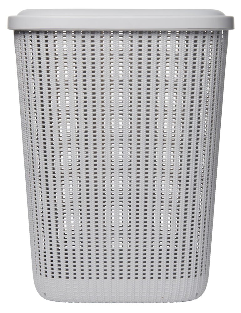 Grå tvättkorg i plast med avtagbart lock.