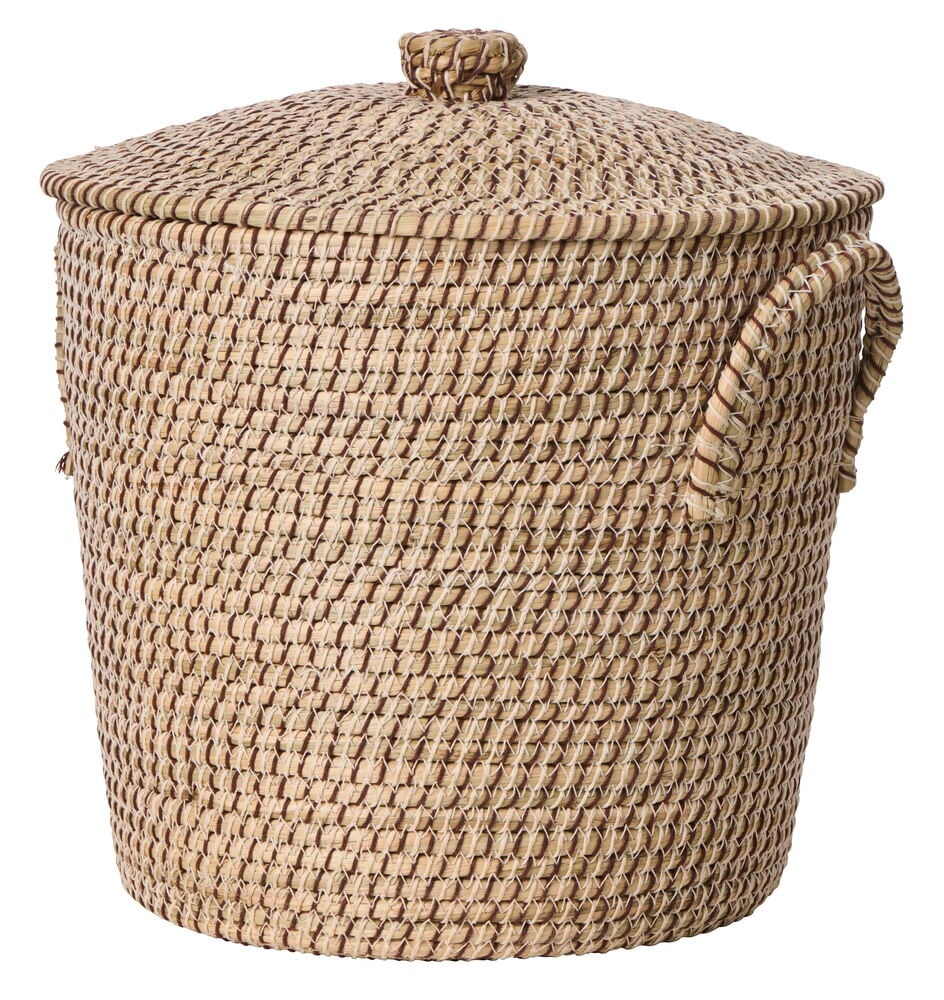 Flätad Förvaringskorg Lucas Ø33x37 cm med lock, mörkbrunt mönster och sidohandtag.