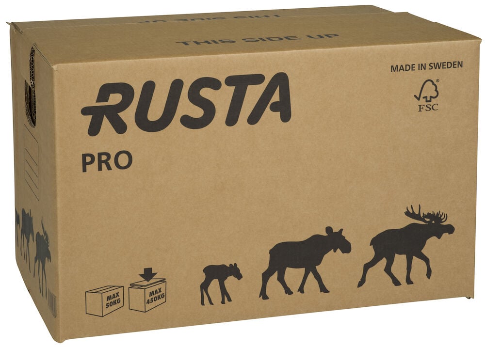 Brun flyttkartong med rusta logo och älgmotiv.