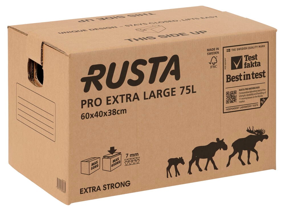 Brauner Umzugskarton PRO 60x39,9x38 cm, extra groß 75L, mit Stärkeindikatoren.