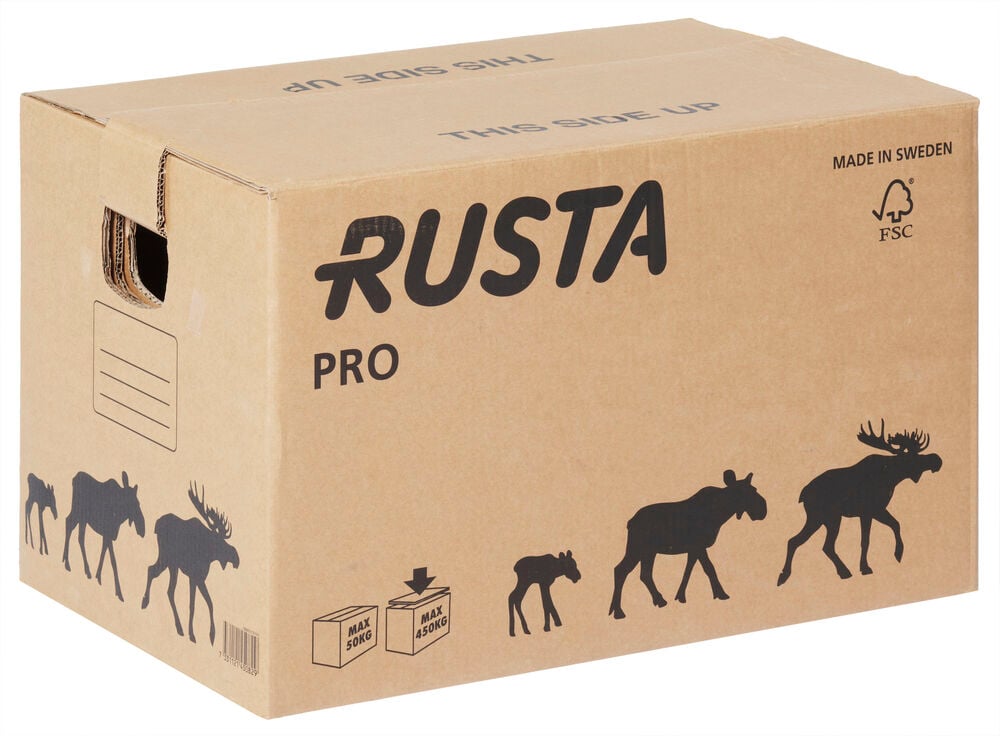 Brun flyttkartong med älgmotiv och bärhandtag.