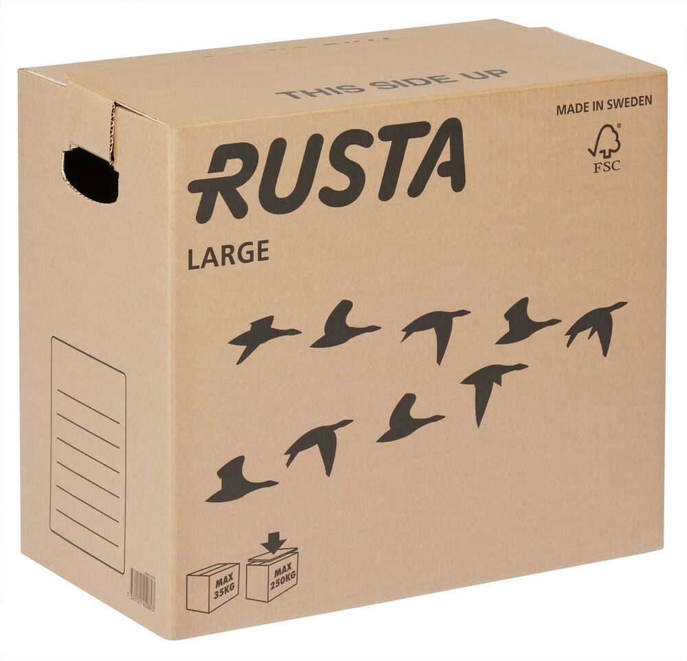 Stor flyttkartong med handtag och fågelmotiv.