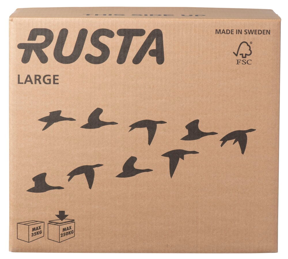 Stor flyttkartong i brun kartong med tryck.