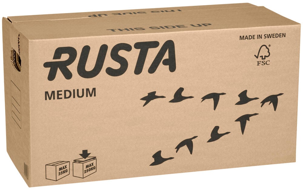 Brun flyttkartong med svarta fåglar och text.