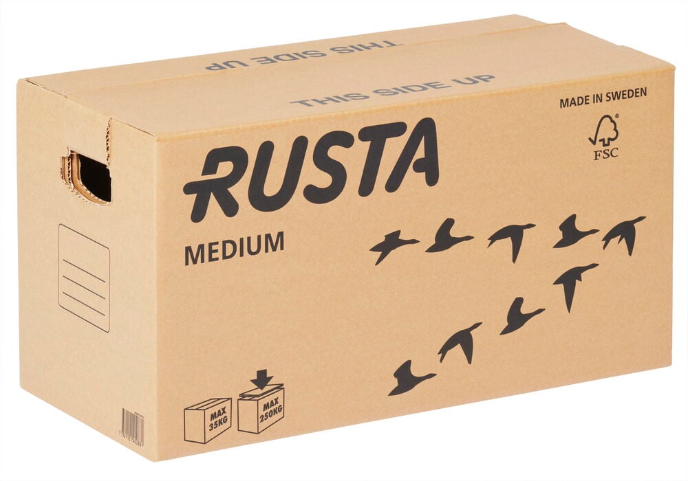 En brun flyttkartong med svarta fåglar och handtag.