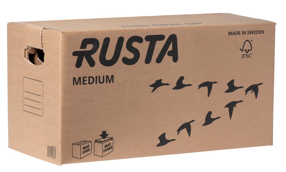 Brun flyttkartong med Rusta logotyp och fågelmotiv.
