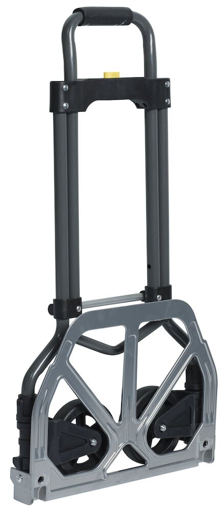 Röd hopfällbar magasinkärra i stål med aluminiumplattform.