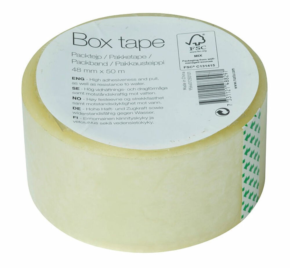 Yksi rulla kirkasta pakkausteippiä valkoisella etiketillä.