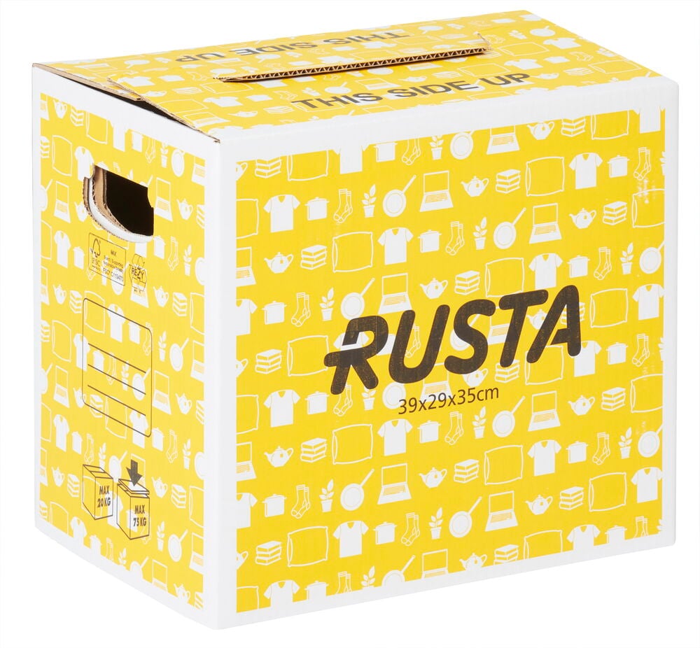 Gul flyttkartong med handtag och tryckt Rusta-logga.