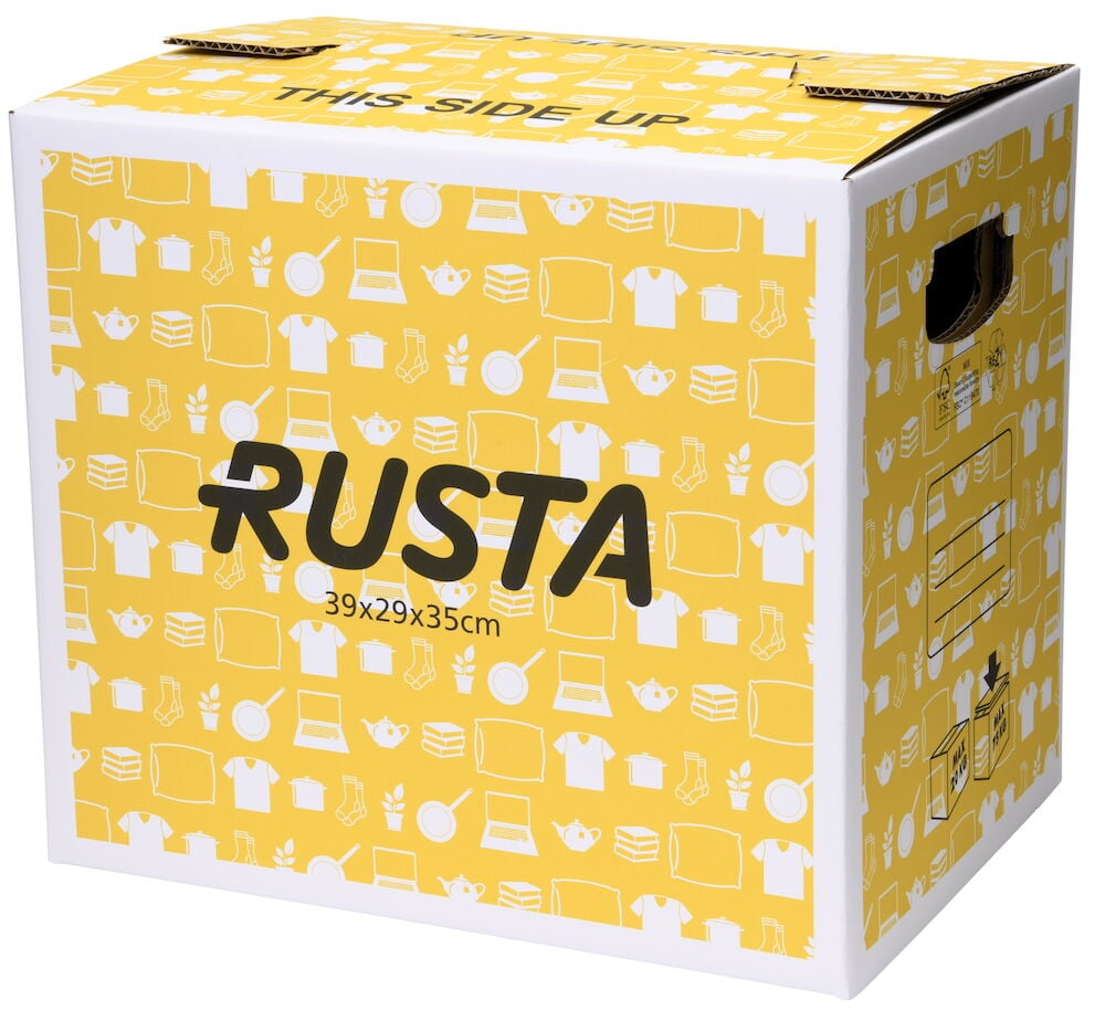 Gul flyttkartong med handtag och tryckta symboler.