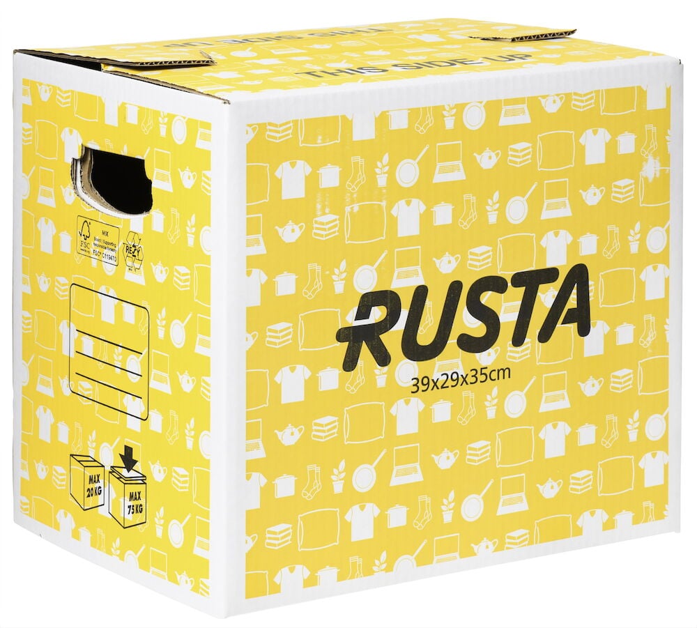 Gul flyttkartong med handtag och tryckt text.