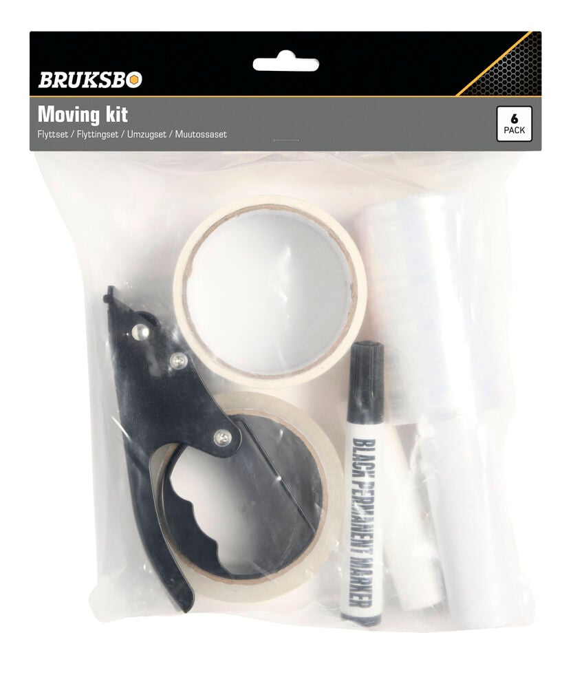 Flyttset med plastfilm, tejp, penna och tejphållare.