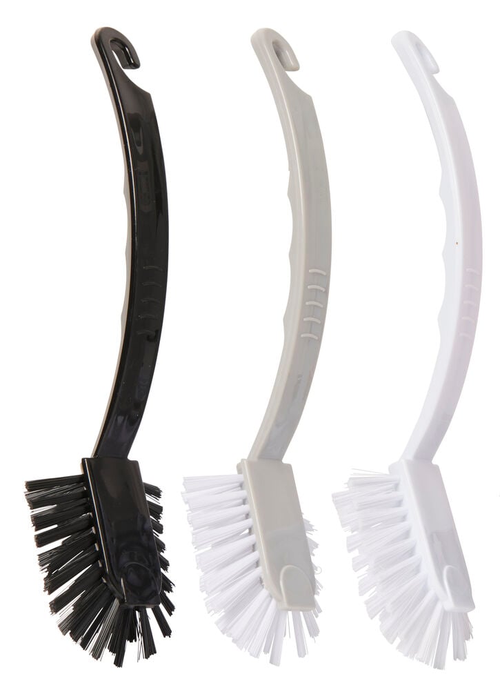 Kolme muovista tiskiharjaa, joissa on ripustuskoukku.