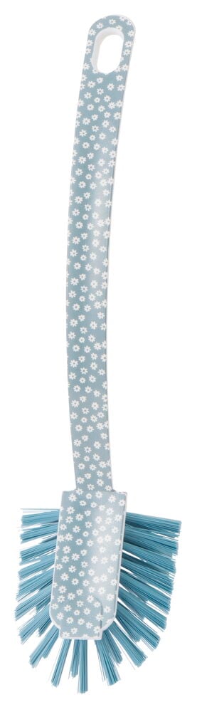 Blå diskborste med mönstrat handtag och vita prickar.