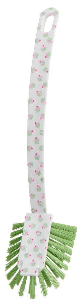 Oppvaskbørste 28 cm Assorterte farger, hvit med rosa og grønt cupcake-mønster og grønne børster.